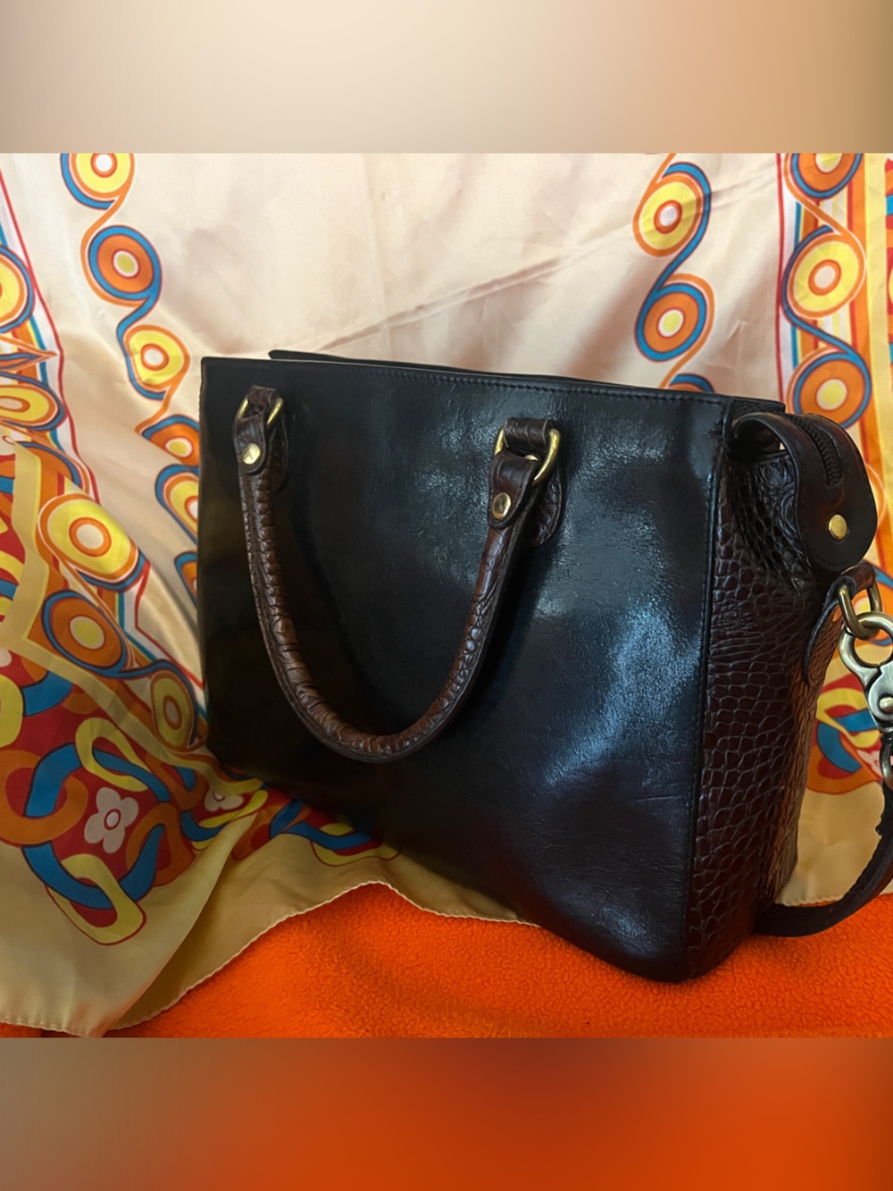 Vintage Brahmin Dark Brown Leather Satchel with Textured Trim